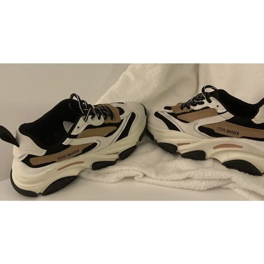 Steve Madden Possession Black white Tan women's Fashion sneaker Shoes Size 7.5M